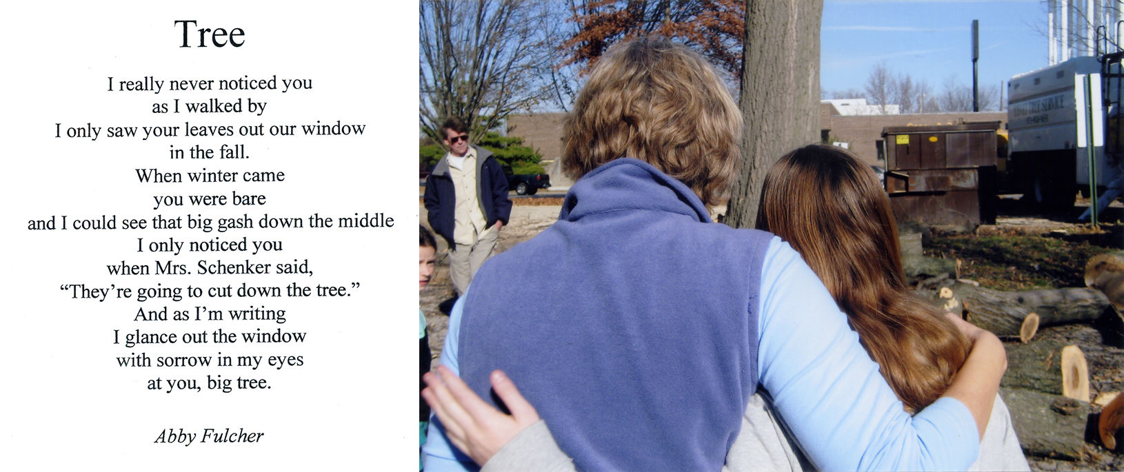 A poem written by Abby Fulcher when she was in fourth grade, next to a photo of Lisa Schenker embracing a student